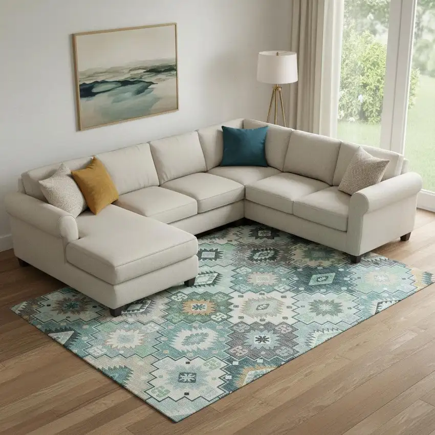 Teal And Ivory Geometric Washable Area Rug With UV Protection Photo 2