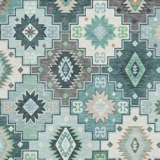 Teal And Ivory Geometric Washable Area Rug With UV Protection Photo 3