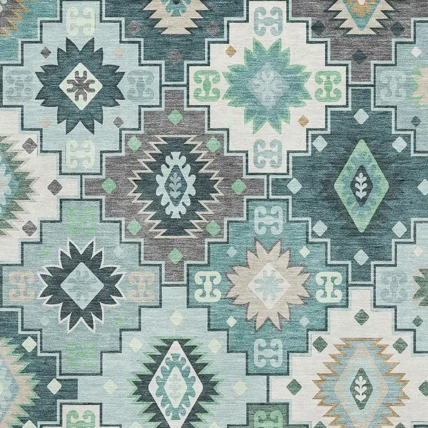 Teal And Ivory Geometric Washable Area Rug With UV Protection Photo 3