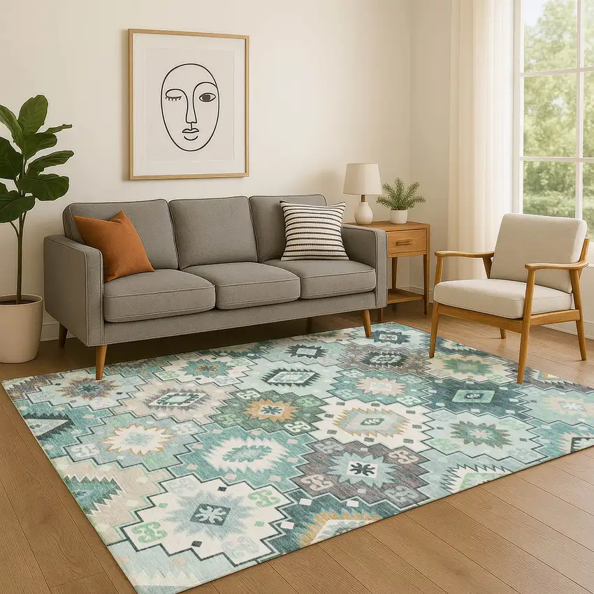 Teal And Ivory Geometric Washable Area Rug With UV Protection Photo 5