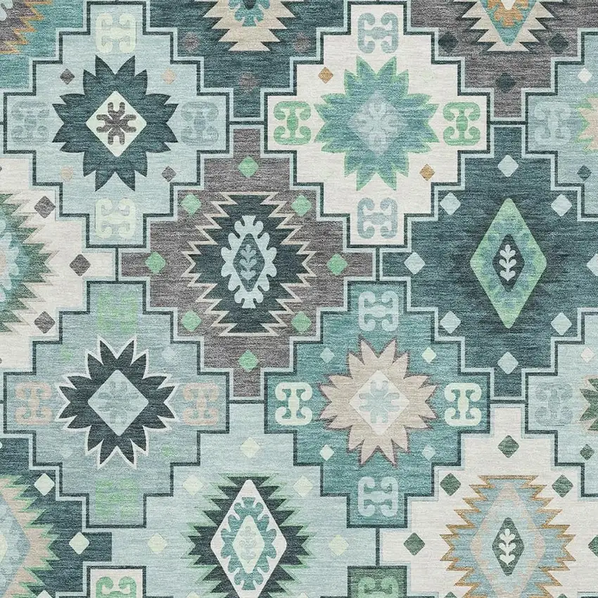 Teal And Ivory Geometric Washable Area Rug With UV Protection Photo 3