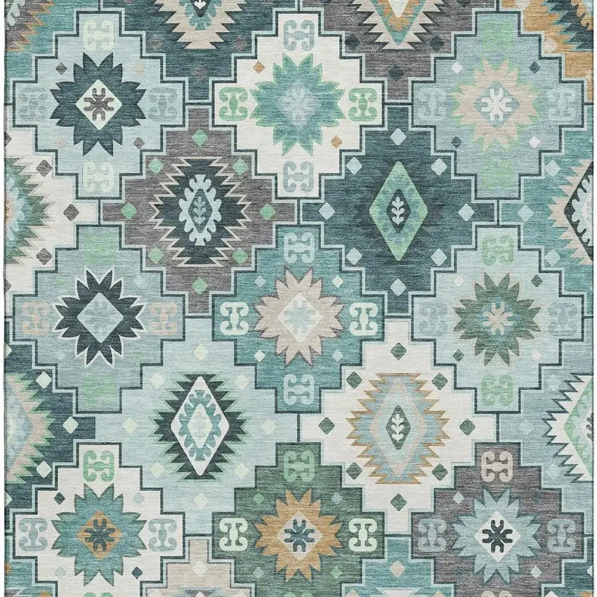 Teal And Ivory Geometric Washable Area Rug With UV Protection Photo 8