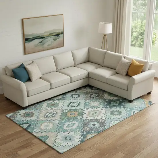 Teal And Ivory Geometric Washable Area Rug With UV Protection Photo 2