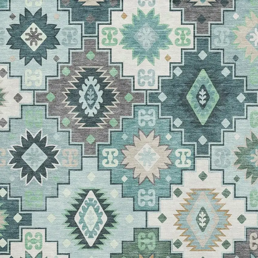 Teal And Ivory Geometric Washable Area Rug With UV Protection Photo 7