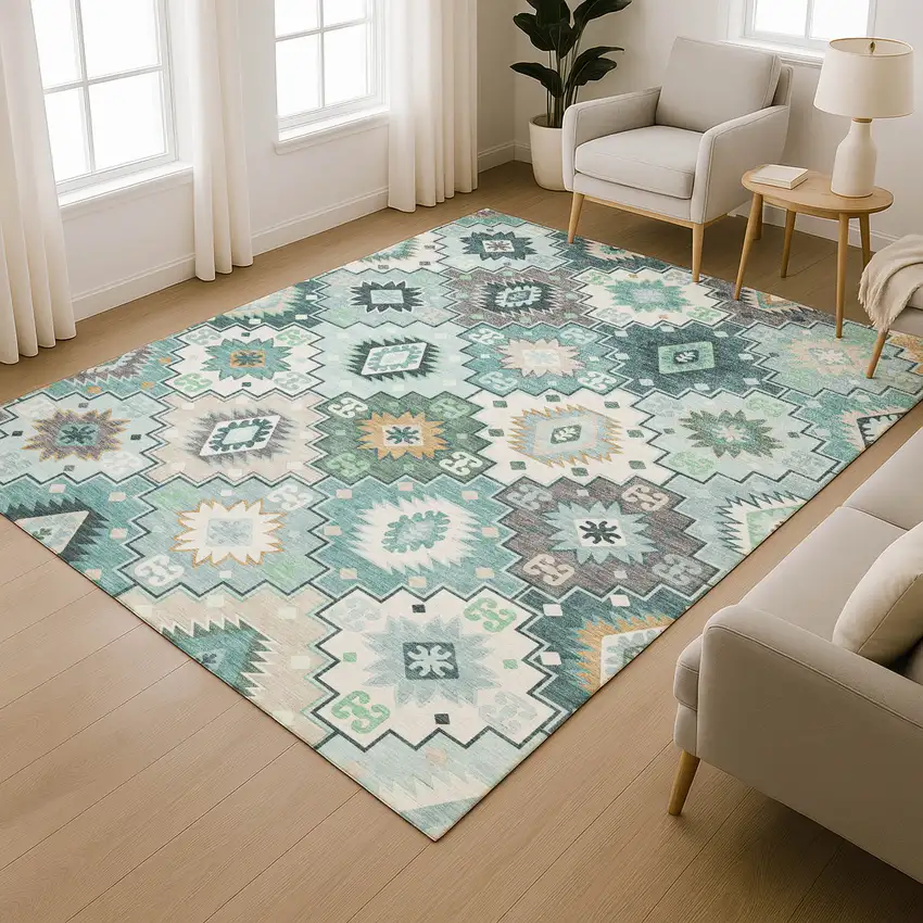 Teal And Ivory Geometric Washable Area Rug With UV Protection Photo 6