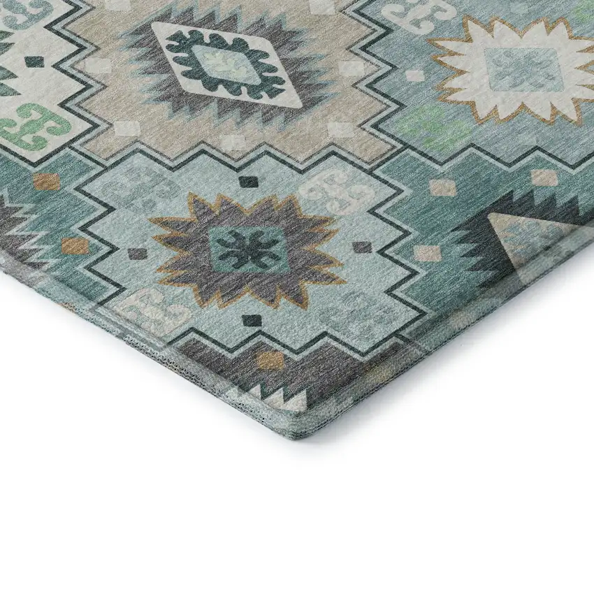 Teal And Ivory Geometric Washable Area Rug With UV Protection Photo 9