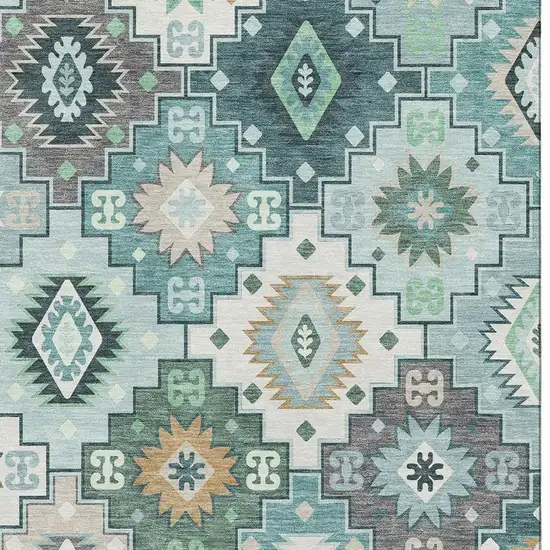 Teal And Ivory Geometric Washable Area Rug With UV Protection Photo 7