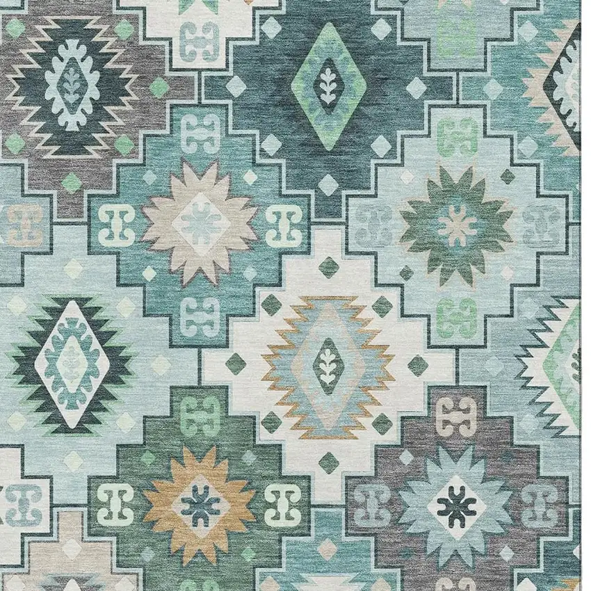 Teal And Ivory Geometric Washable Area Rug With UV Protection Photo 7