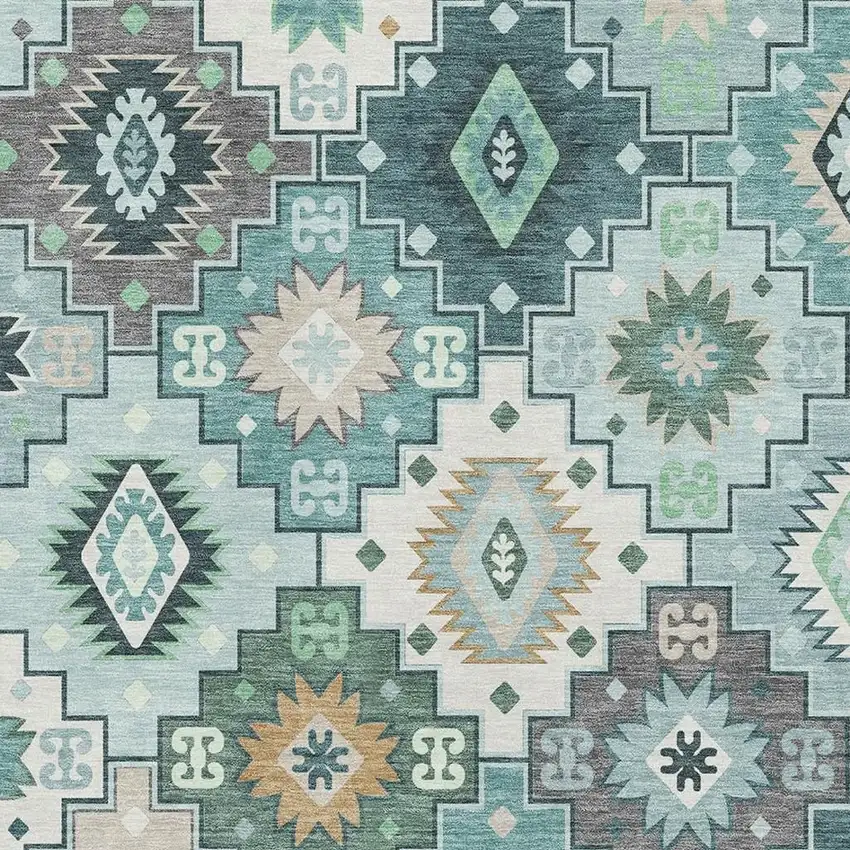Teal And Ivory Geometric Washable Area Rug With UV Protection Photo 3