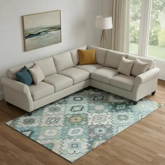 Teal And Ivory Geometric Washable Area Rug With UV Protection Photo 2
