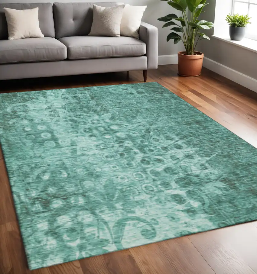 Teal And Ivory Ikat Washable Area Rug With UV Protection Photo 2