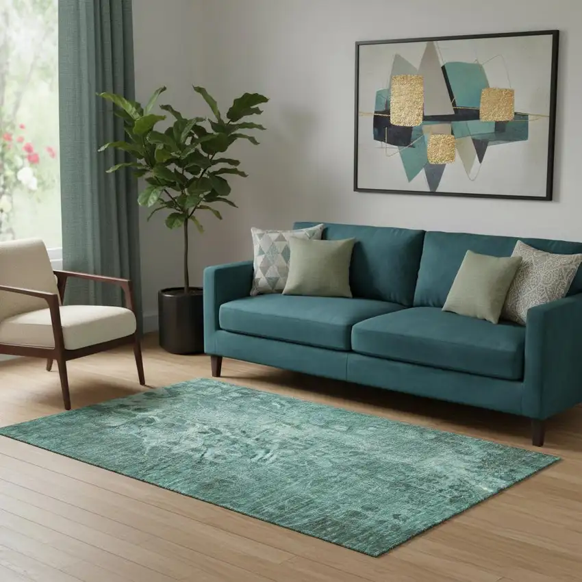 Teal And Ivory Ikat Washable Area Rug With UV Protection Photo 1