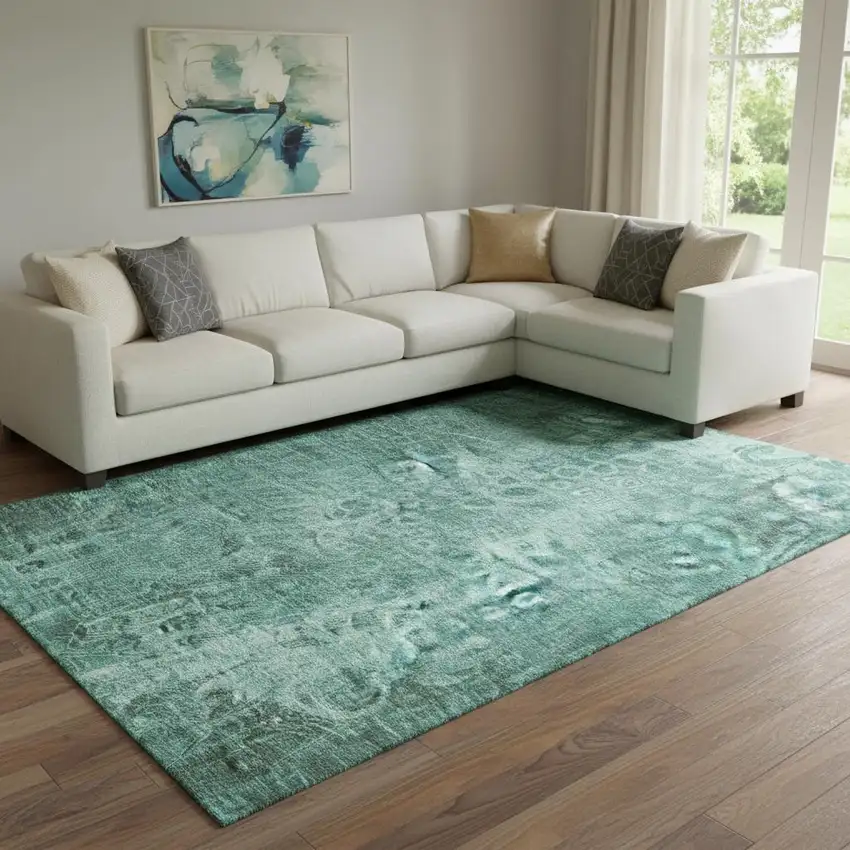 Teal And Ivory Ikat Washable Area Rug With UV Protection Photo 1