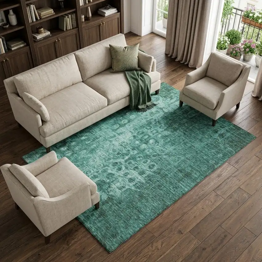 Teal And Ivory Ikat Washable Area Rug With UV Protection Photo 1