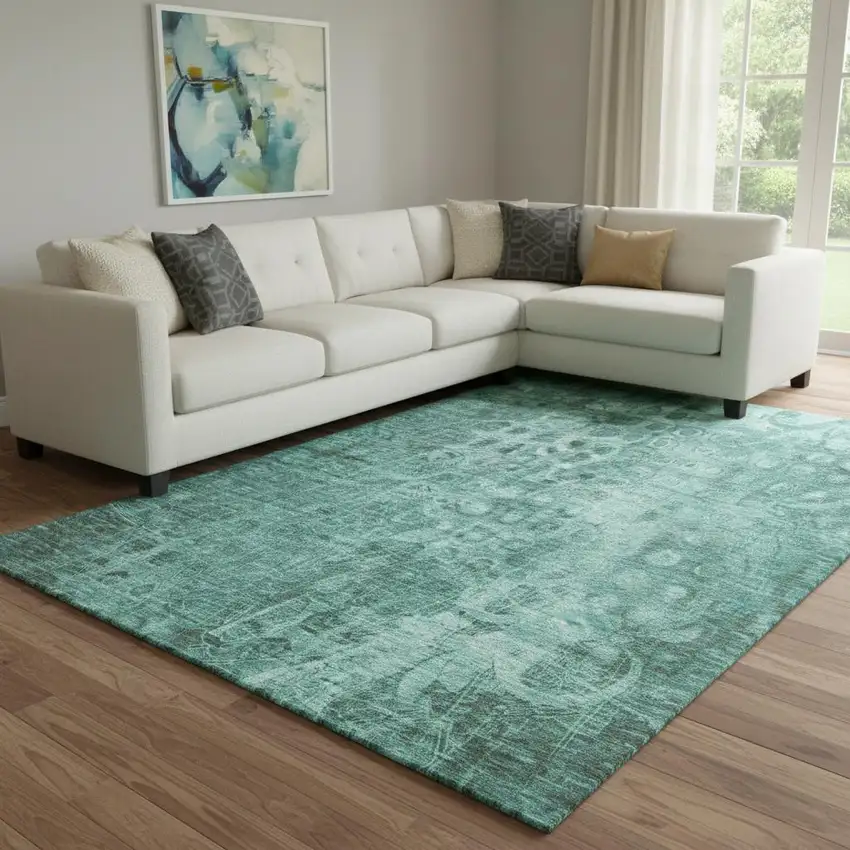 Teal And Ivory Ikat Washable Area Rug With UV Protection Photo 1