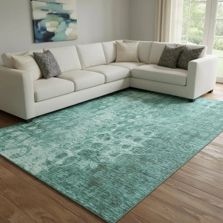 Teal And Ivory Ikat Washable Area Rug With UV Protection Photo 1
