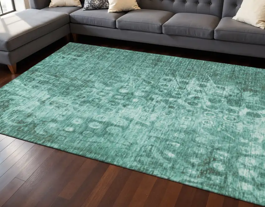 Teal And Ivory Ikat Washable Area Rug With UV Protection Photo 2