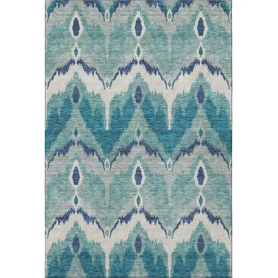 Teal And Ivory Ikat Washable Area Rug With UV Protection Photo 4
