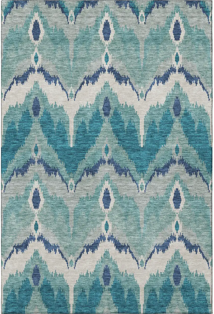 Teal And Ivory Ikat Washable Area Rug With UV Protection Photo 4