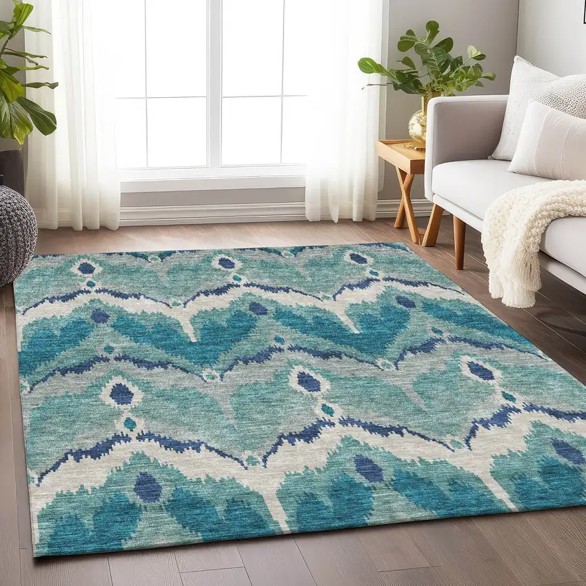 Teal And Ivory Ikat Washable Area Rug With UV Protection Photo 5