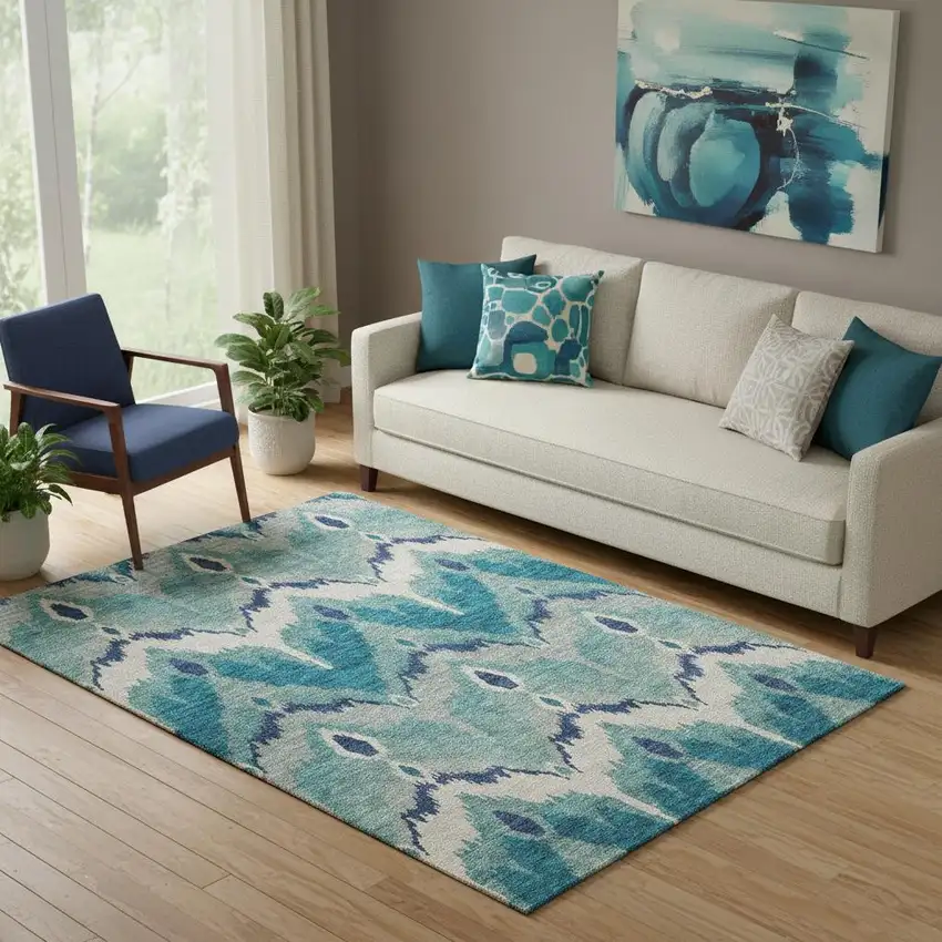 Teal And Ivory Ikat Washable Area Rug With UV Protection Photo 1