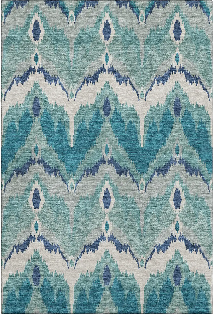 Teal And Ivory Ikat Washable Area Rug With UV Protection Photo 1