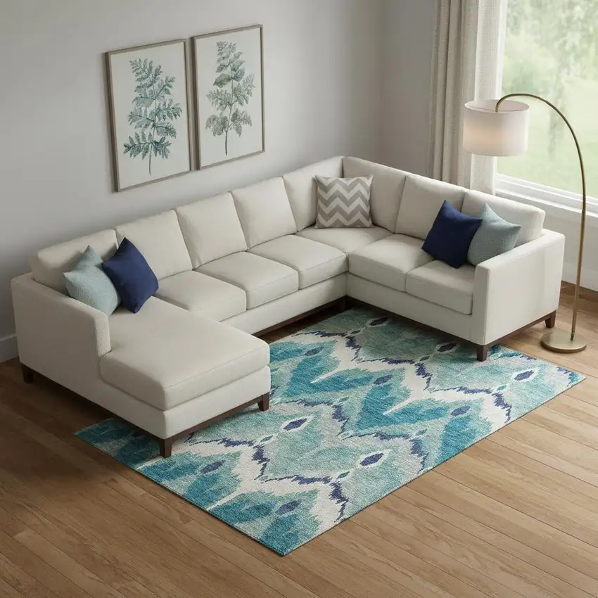 Teal And Ivory Ikat Washable Area Rug With UV Protection Photo 1
