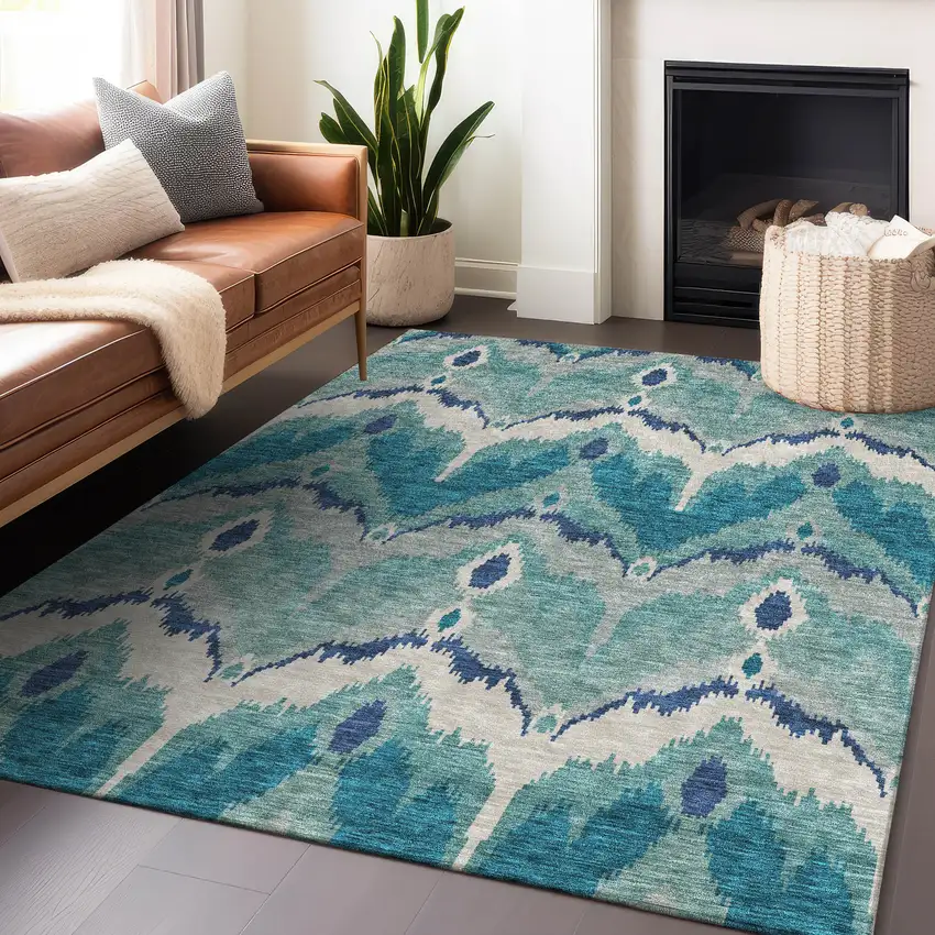 Teal And Ivory Ikat Washable Area Rug With UV Protection Photo 6
