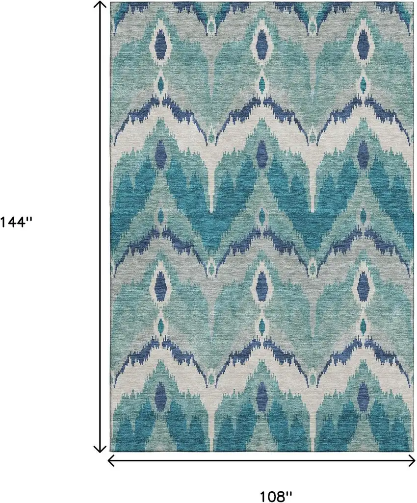 Teal And Ivory Ikat Washable Area Rug With UV Protection Photo 3