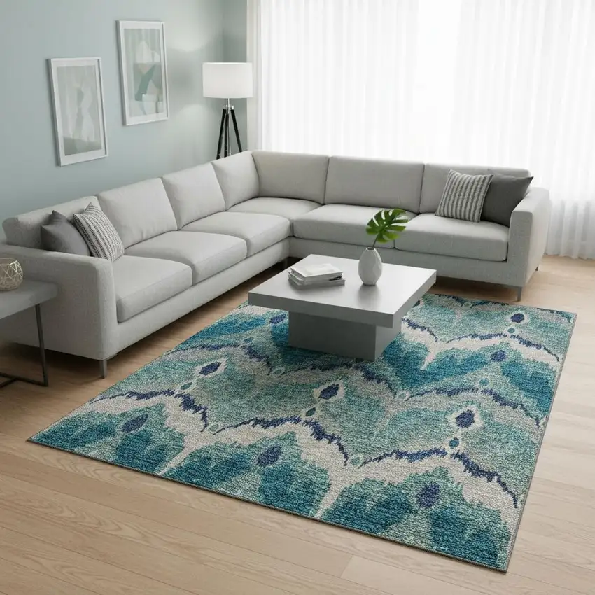 Teal And Ivory Ikat Washable Area Rug With UV Protection Photo 2