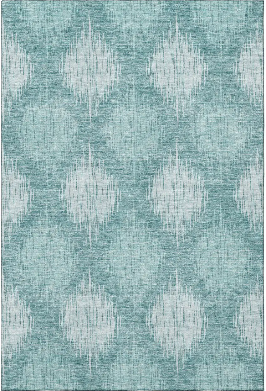 Teal And Ivory Ikat Washable Area Rug With UV Protection Photo 4