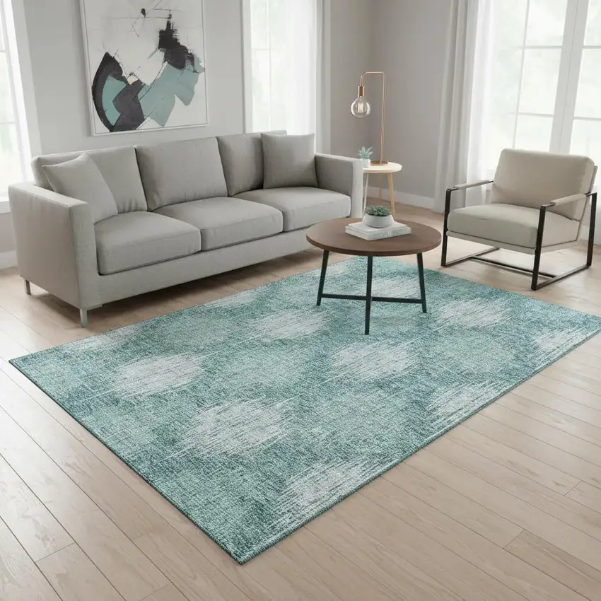 Teal And Ivory Ikat Washable Area Rug With UV Protection Photo 2