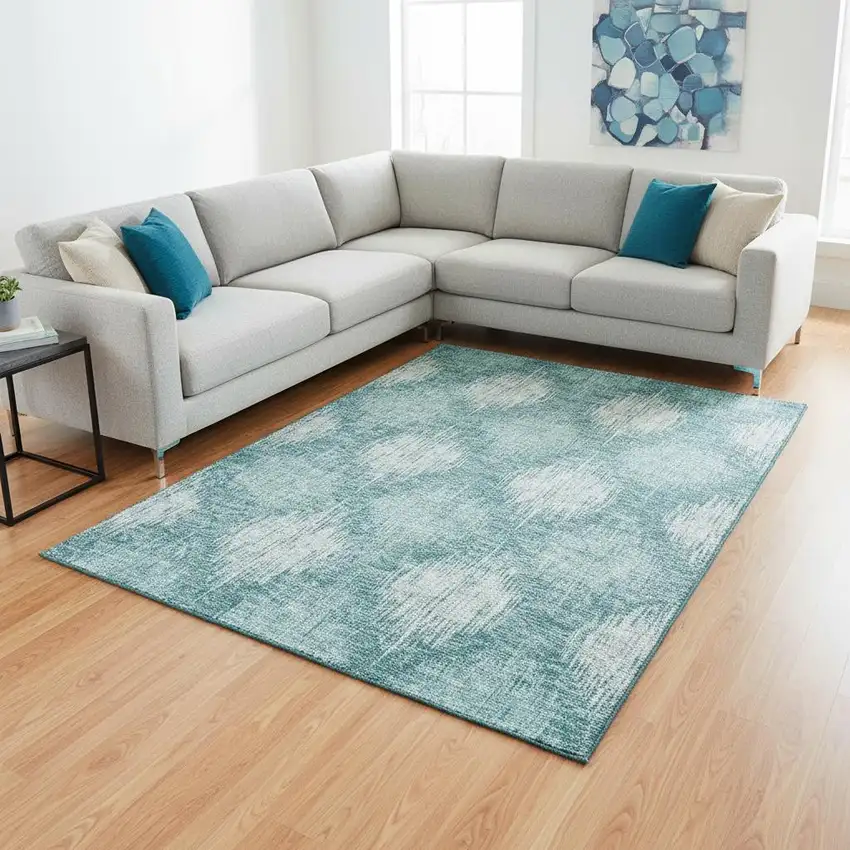 Teal And Ivory Ikat Washable Area Rug With UV Protection Photo 2