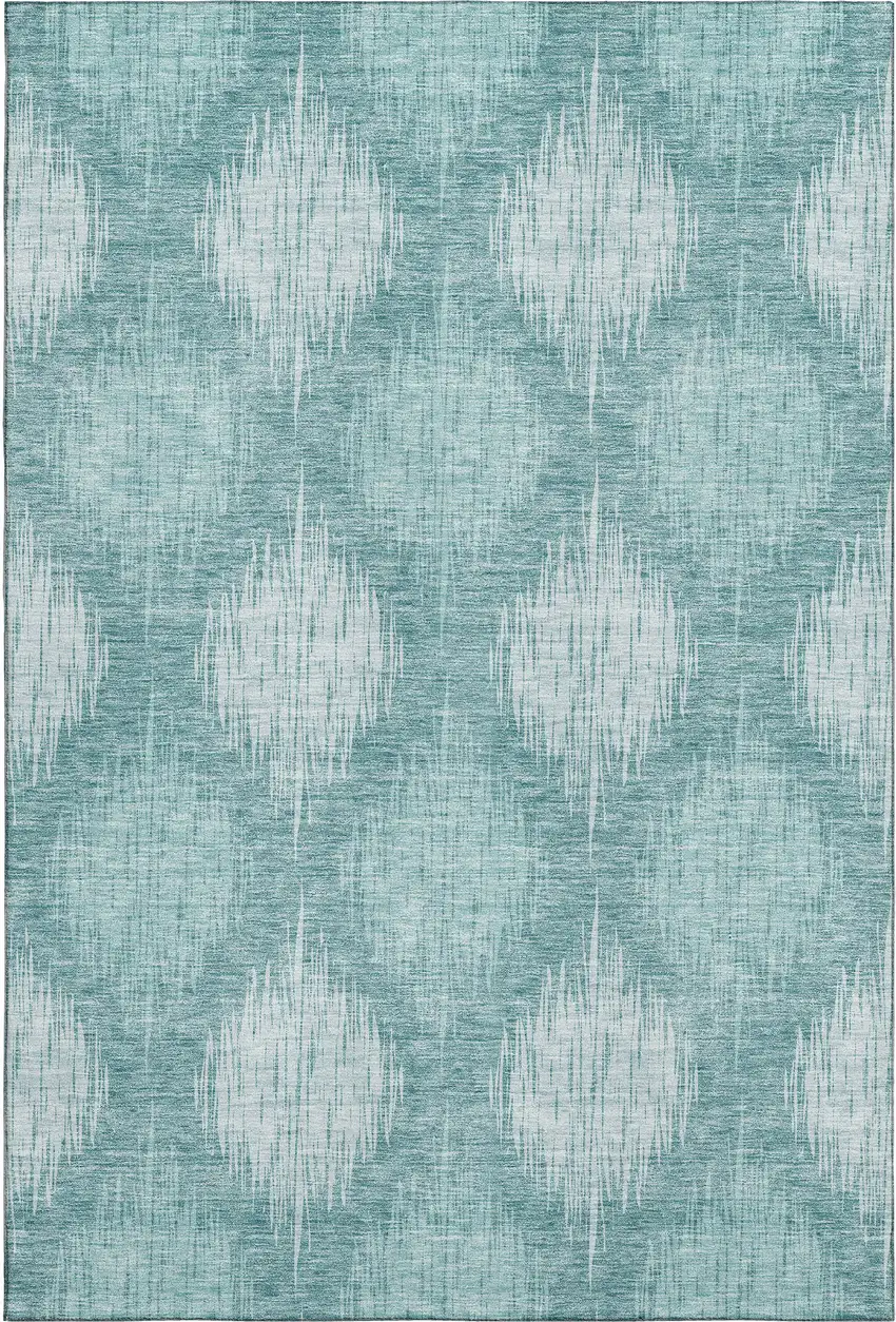 Teal And Ivory Ikat Washable Area Rug With UV Protection Photo 1