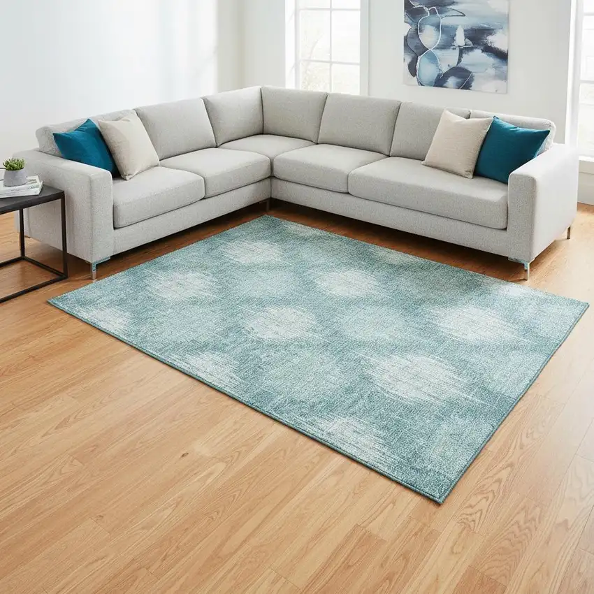 Teal And Ivory Ikat Washable Area Rug With UV Protection Photo 2