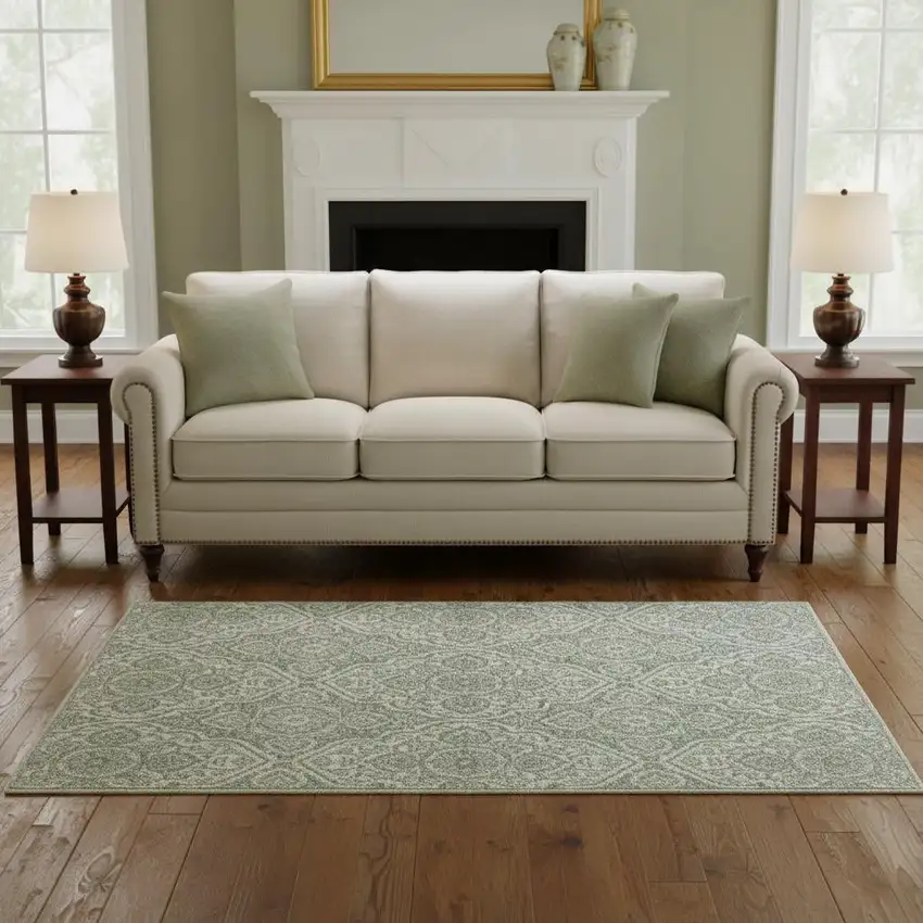 Teal And Ivory Medallion Area Rug With Fringe Photo 2