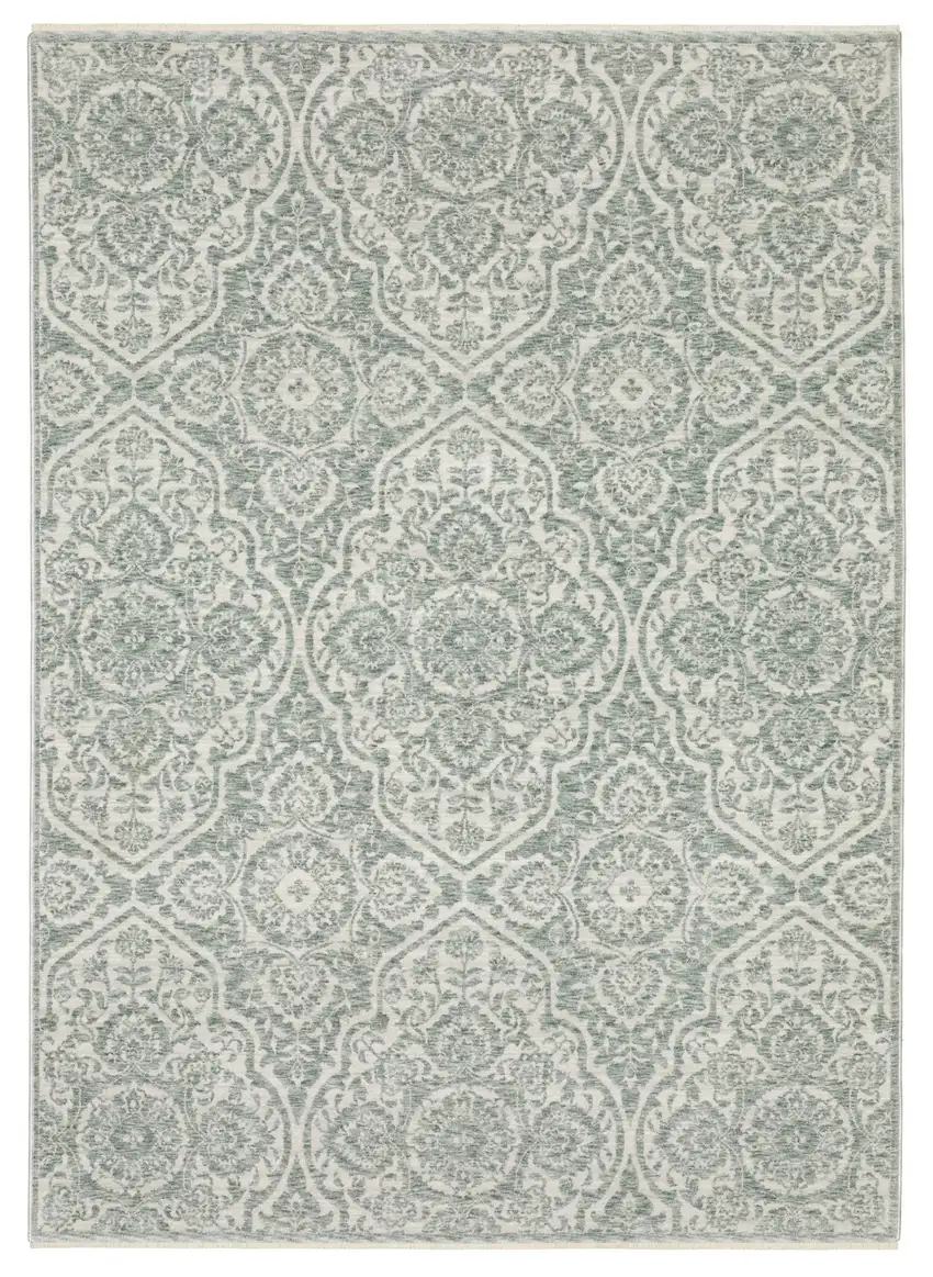 Teal And Ivory Medallion Area Rug With Fringe Photo 7