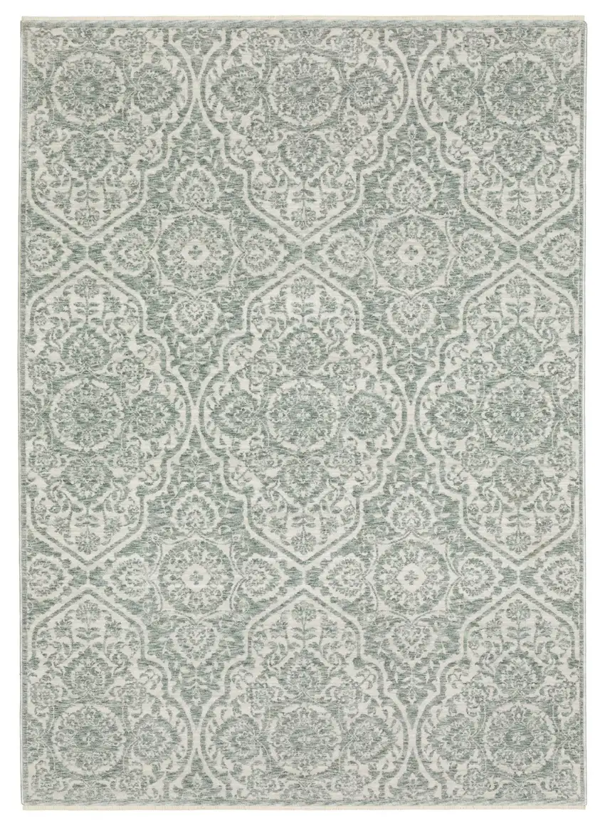 Teal And Ivory Medallion Area Rug With Fringe Photo 3