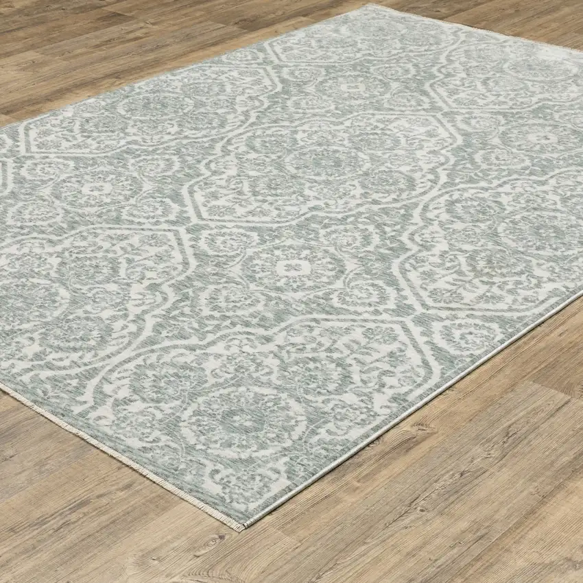 Teal And Ivory Medallion Area Rug With Fringe Photo 5