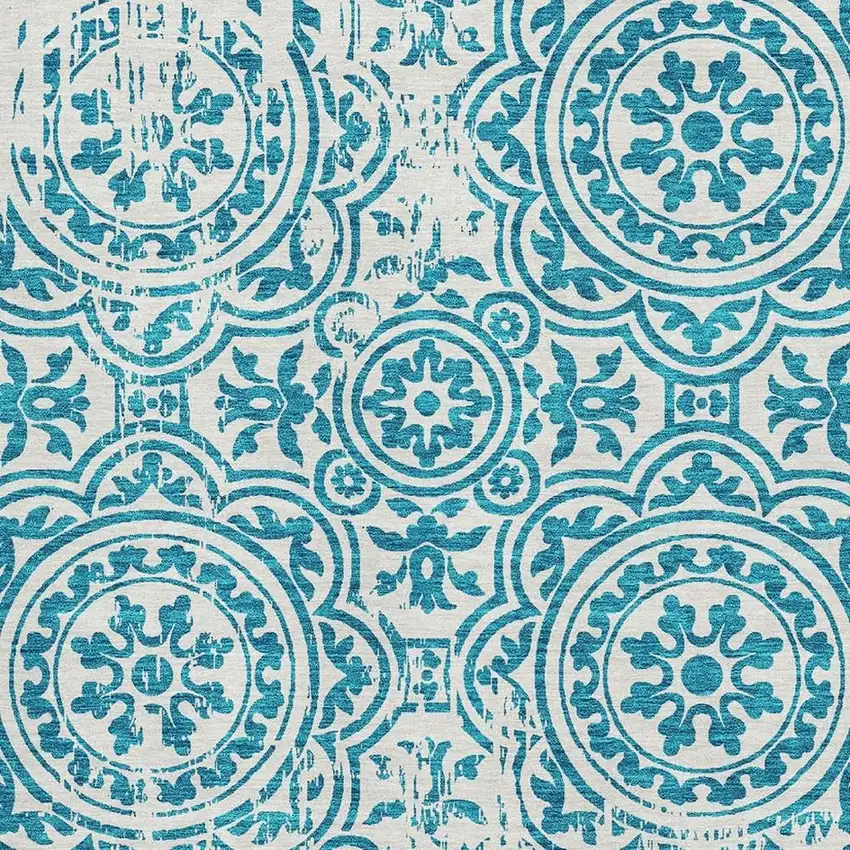 Teal And Ivory Medallion Washable Area Rug With UV Protection Photo 3