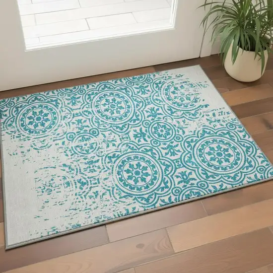 Teal And Ivory Medallion Washable Area Rug With UV Protection Photo 2