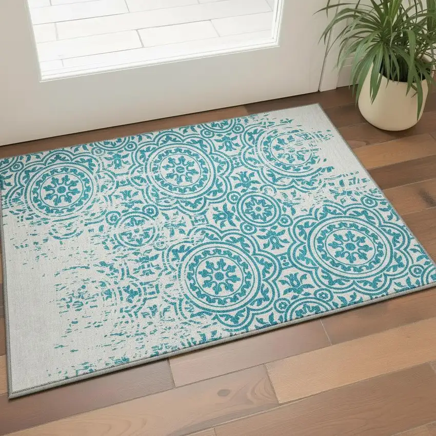 Teal And Ivory Medallion Washable Area Rug With UV Protection Photo 2