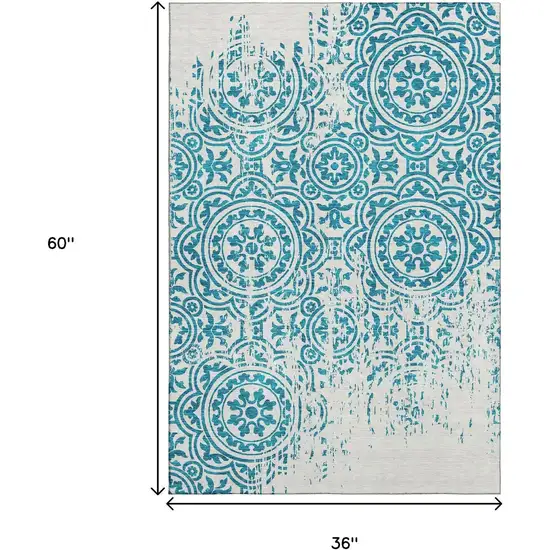 Teal And Ivory Medallion Washable Area Rug With UV Protection Photo 3