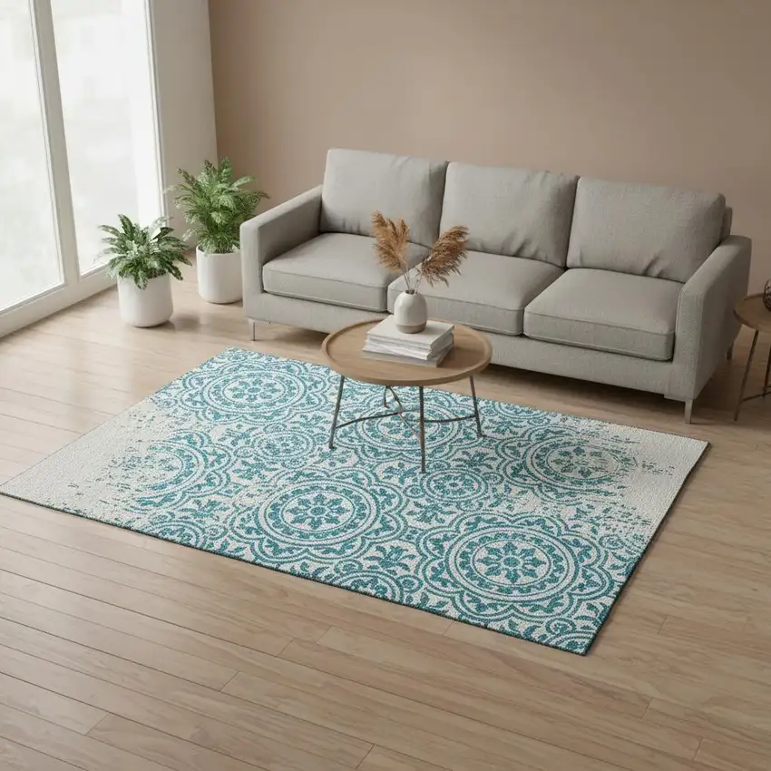 Teal And Ivory Medallion Washable Area Rug With UV Protection Photo 2