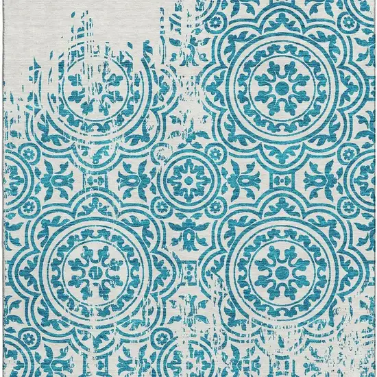 Teal And Ivory Medallion Washable Area Rug With UV Protection Photo 4