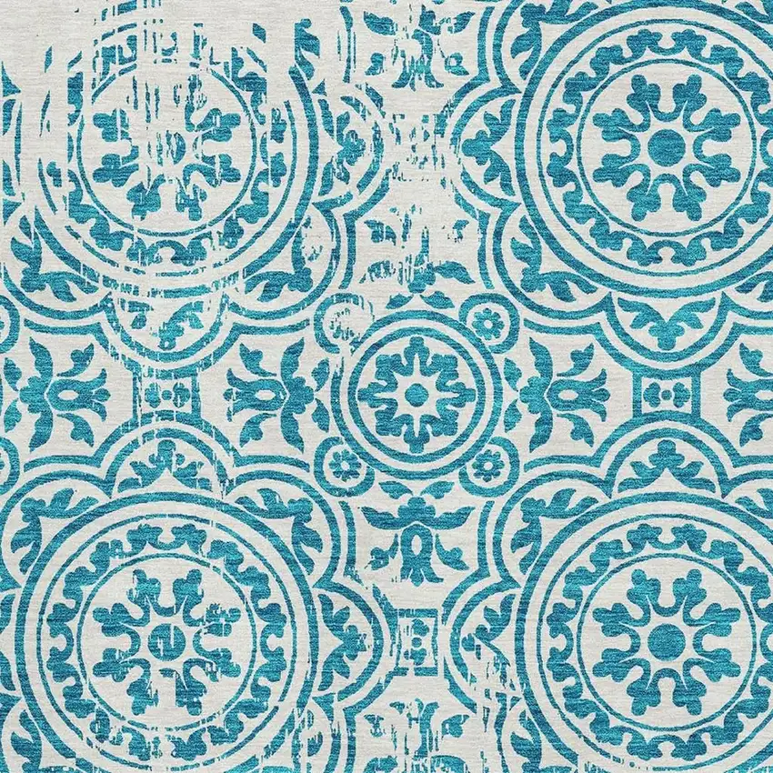 Teal And Ivory Medallion Washable Area Rug With UV Protection Photo 3