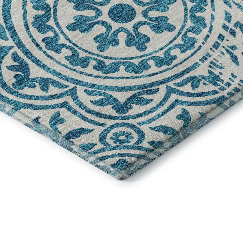 Teal And Ivory Medallion Washable Area Rug With UV Protection Photo 8