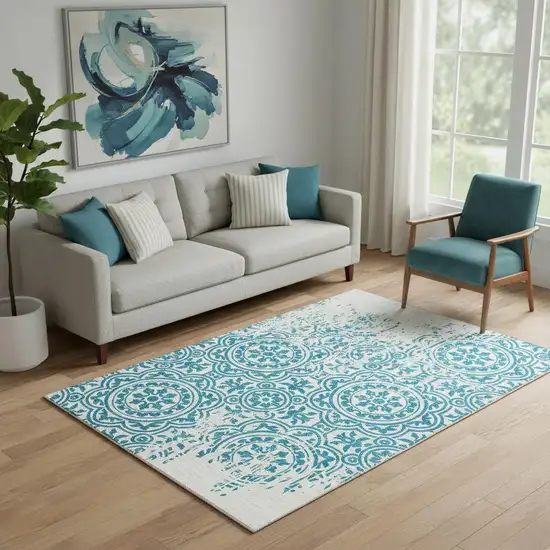 Teal And Ivory Medallion Washable Area Rug With UV Protection Photo 1
