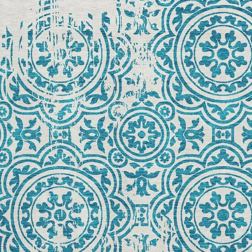 Teal And Ivory Medallion Washable Area Rug With UV Protection Photo 3