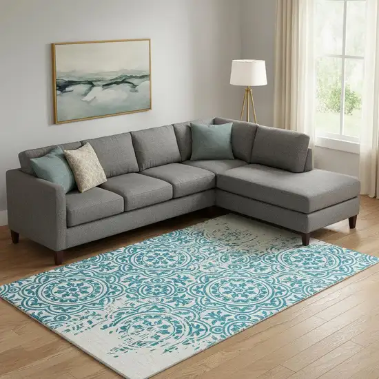 Teal And Ivory Medallion Washable Area Rug With UV Protection Photo 2